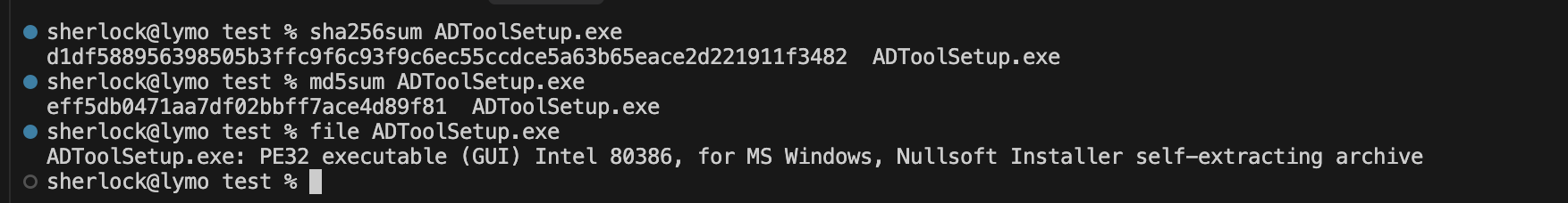 sha256sum, md5sum and file output for ADToolSetup.exe, identifying it as a PE32 GUI executable and Nullsoft Installer self-extracting archive
