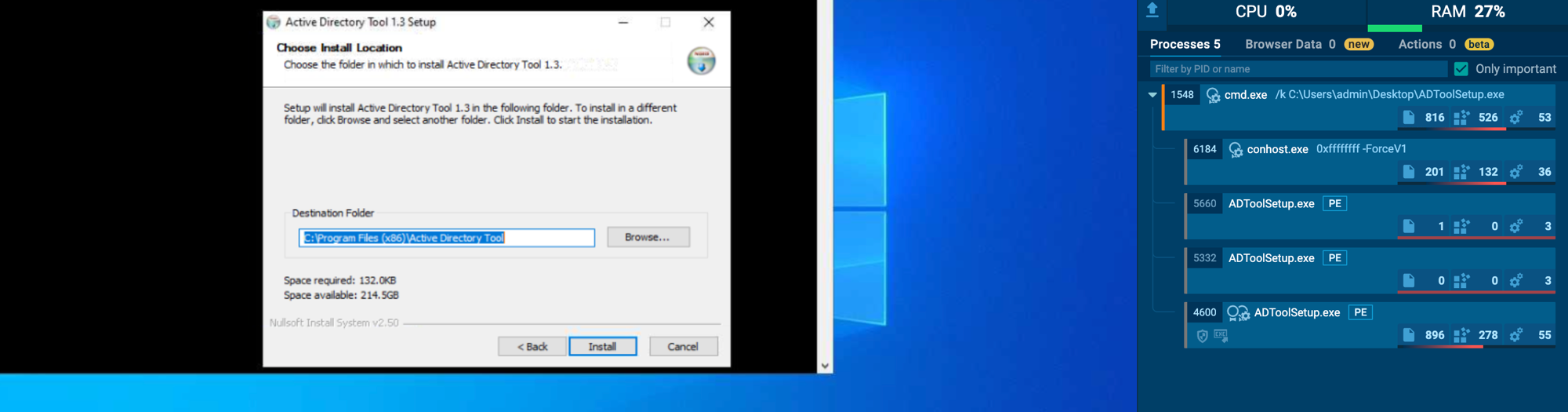 Active Directory Tool 1.3 setup wizard installing to C:\\Program Files (x86)\\Active Directory Tool, reporting Space required 132.0KB, built with Nullsoft Install System v2.50