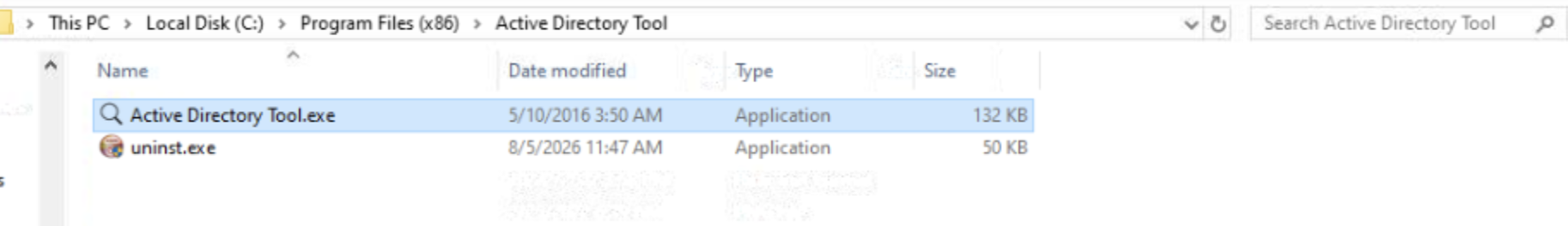 Program Files (x86)\\Active Directory Tool containing only Active Directory Tool.exe at 132 KB and uninst.exe at 50 KB